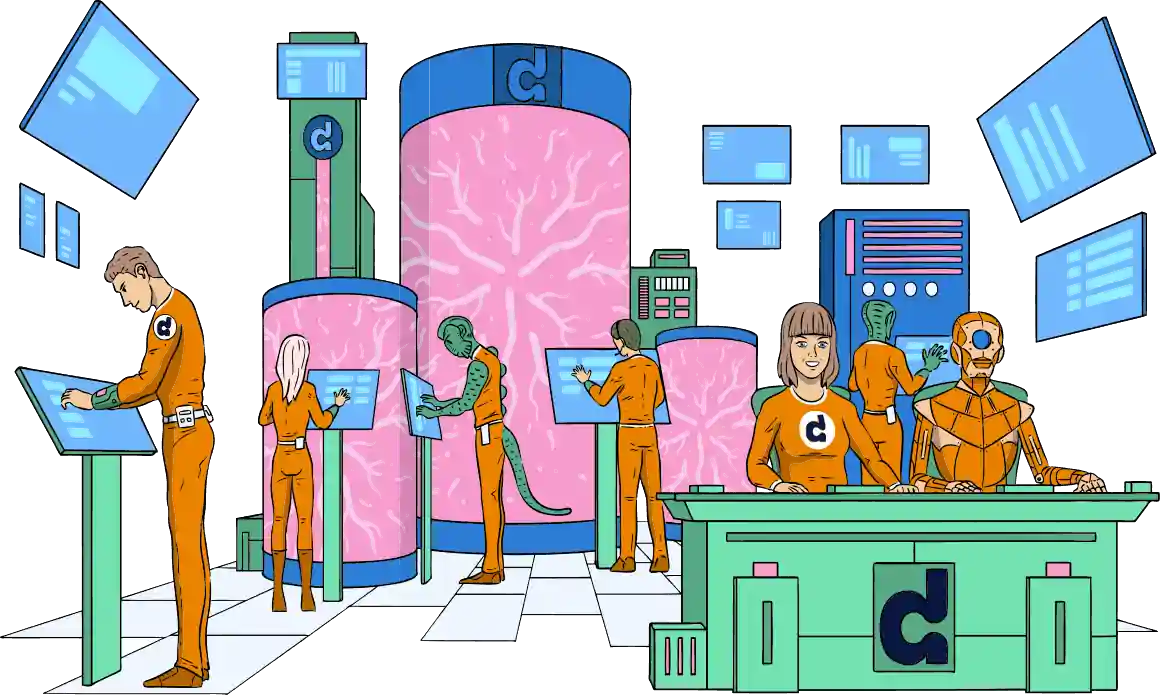 illustration of four space characters looking at pink energy in spaceship bridge